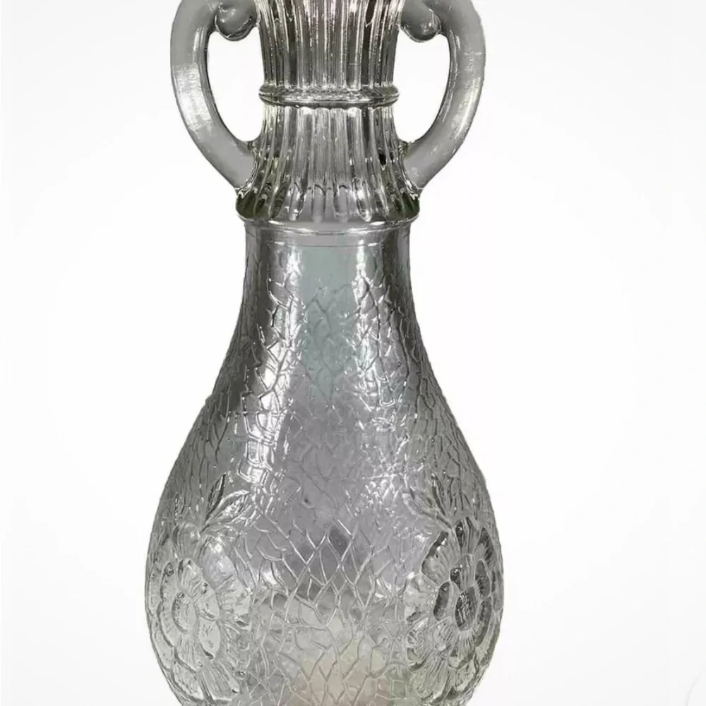 VTG White House Vinegar Bottle Floral Textured Glass Double Handled Pitcher Vase